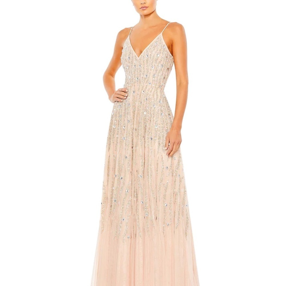 Mac Duggal Blush Beaded V-Neck Evening Gown